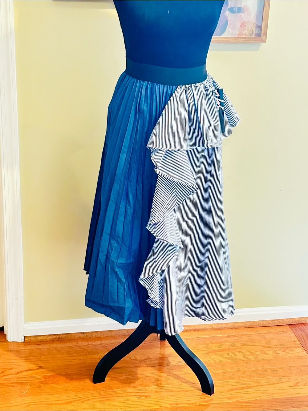 Navy Blue Asymmetrical Ruffle Midi Skirt